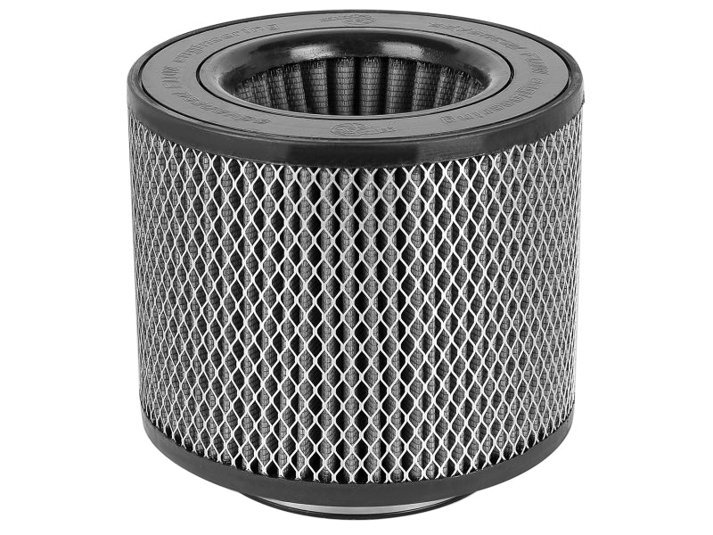 afe Magnum FORCE replacement air filter featuring a cylindrical design with expanded metal, measuring 5.5 inches front, 9 inches back, 9 inches top, and 7 inches height.
