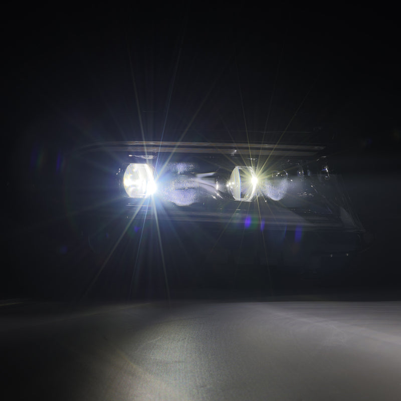 AlphaRex LUXX LED projector headlights for 15-23 Dodge Charger in alpha-black with sequential signals and daytime running lights.