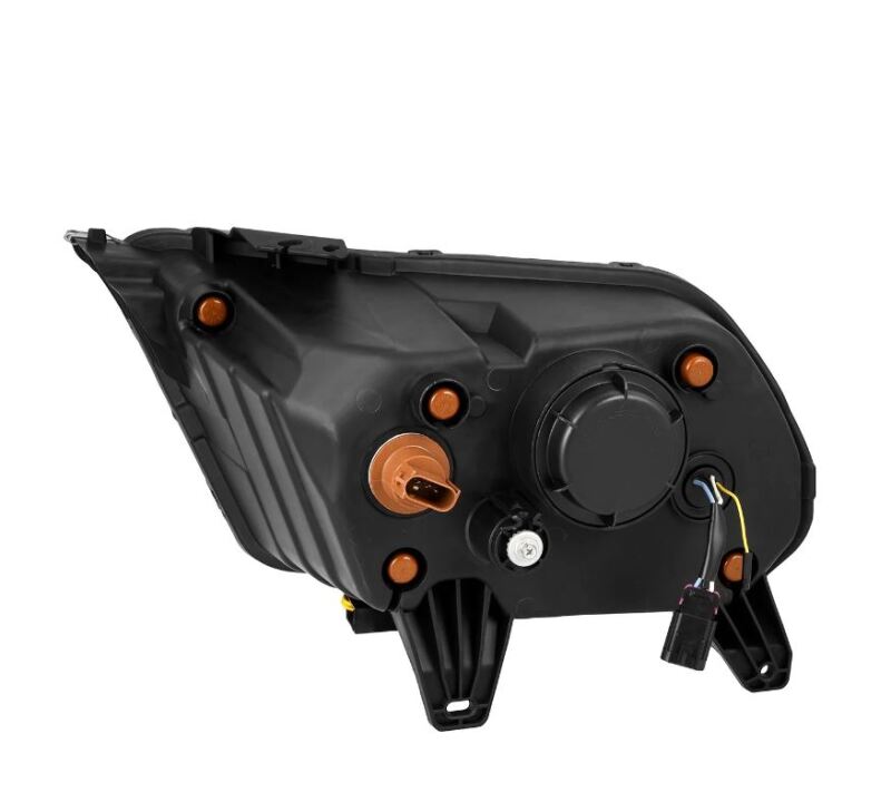 AlphaRex NOVA-Series LED projector headlights for 10-12 Ford Mustang, featuring black housing, sequential signals, and daytime running lights.