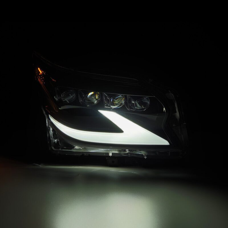 AlphaRex NOVA LED projector headlights for 14-19 Lexus GX460 in alpha black with sequential signals and active light.