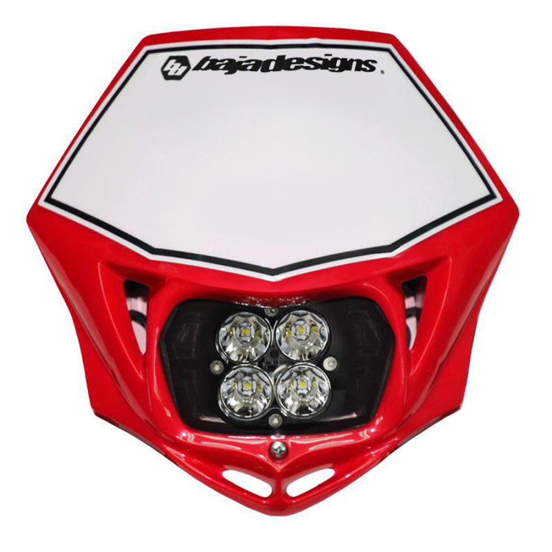 Baja Designs red motorcycle race light featuring four LED bulbs for enhanced visibility and performance in off-road conditions.