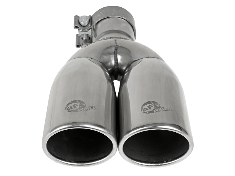 Polished stainless steel afe MACH Force-Xp universal exhaust tip with a 2-1/2 inch inlet and 3-1/2 inch outlet.