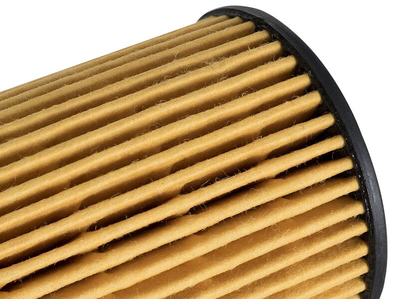 Close-up of the aFe ProGuard oil filter, showcasing its pleated design and high-quality filtration material.