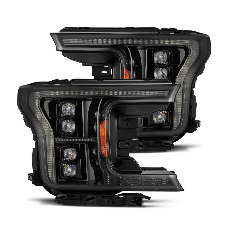 AlphaRex NOVA LED projector headlights for 2018-2020 Ford F-150, featuring a sleek black design and advanced lighting technology.