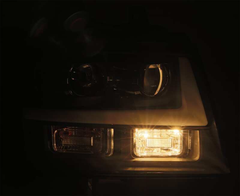AlphaRex PRO-Series LED headlights for 07-14 Chevrolet Tahoe featuring a plank style design with sequential signals and daytime running lights.
