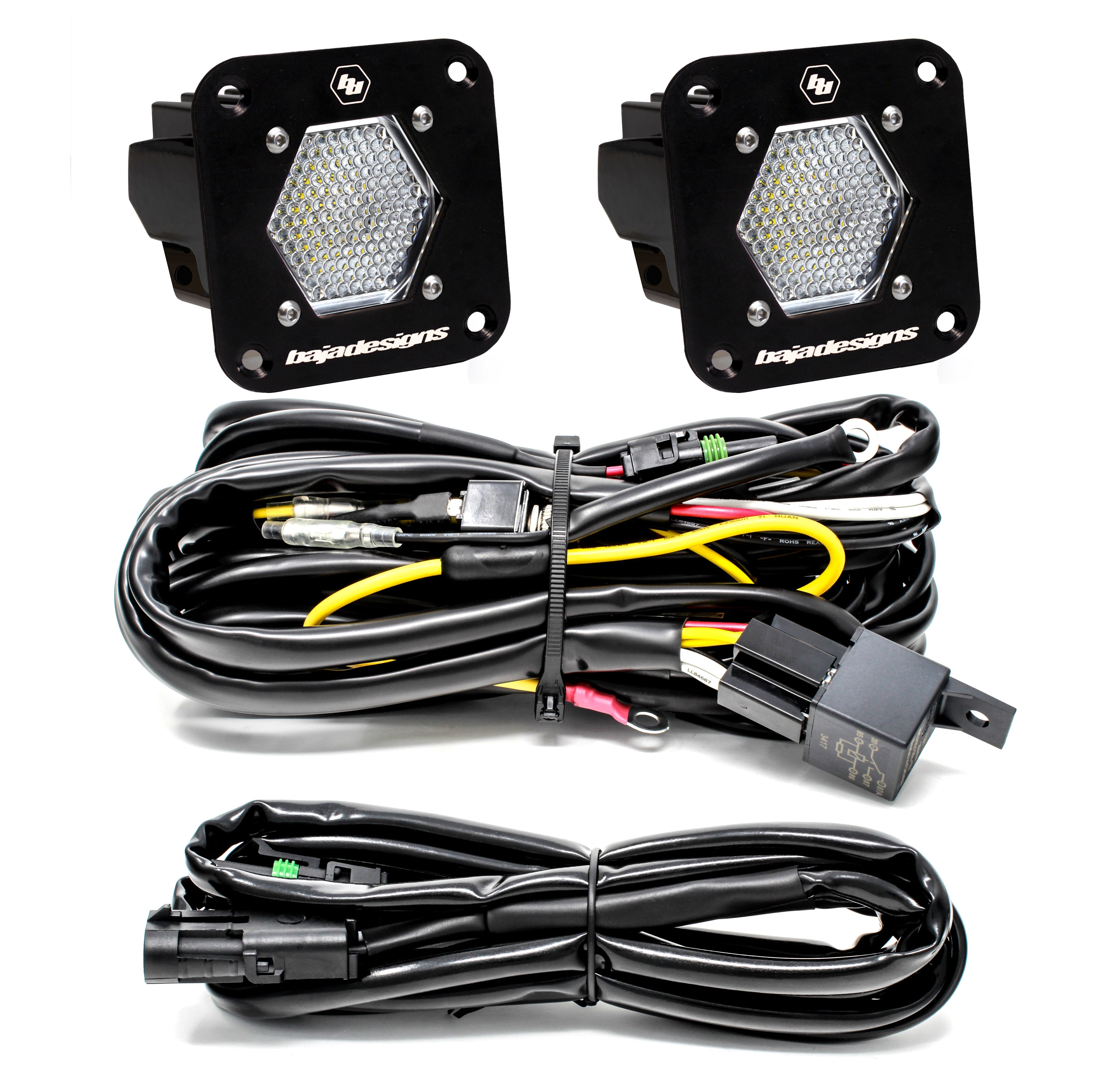 Baja Designs S1 LED flush mount backup kit with two lights and wiring harness for enhanced visibility and safety.