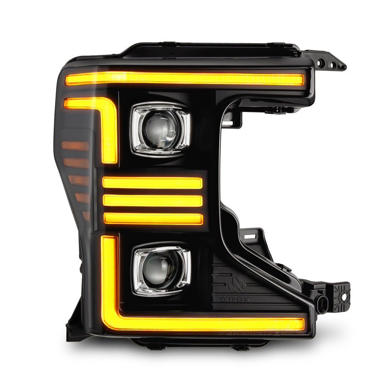 AlphaRex projector headlights for 20-22 Ford F150 featuring a sleek black design, sequential signal lights, and daytime running lights.