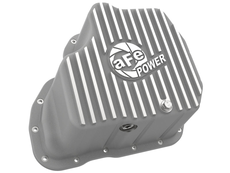 aFe POWER engine oil pan designed for GM diesel trucks 2001-2010 V8 6.6L, featuring a durable, ribbed surface for enhanced performance.