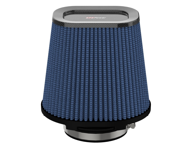 afe Track Series replacement air filter with a blue textured design, featuring a cylindrical shape and a metal base.