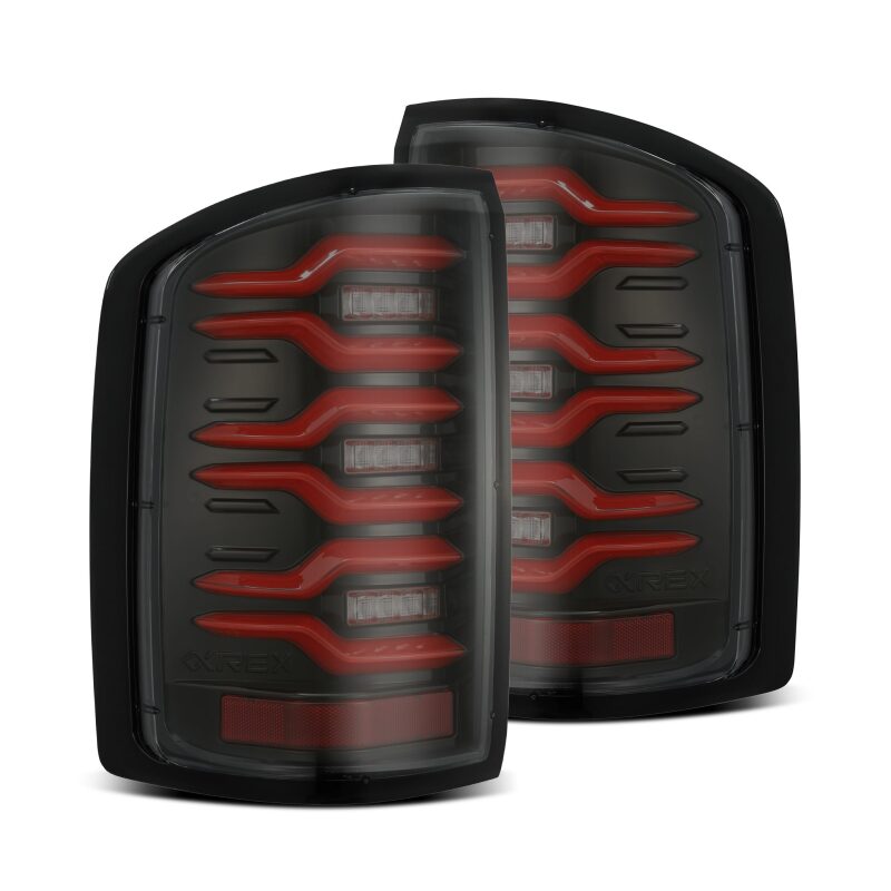 AlphaRex LUXX-Series LED tail lights for 14-18 GMC Sierra 1500/2500HD/3500HD in black and red with sequential signals.