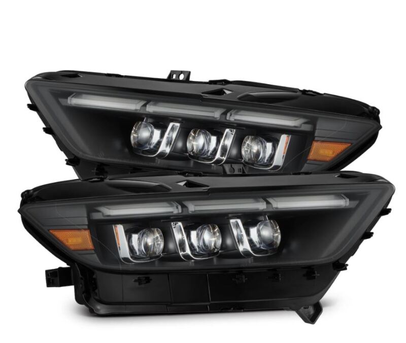 AlphaRex NOVA LED projector headlights for 15-17 Ford Mustang in black with sequential signals and switch DRL.