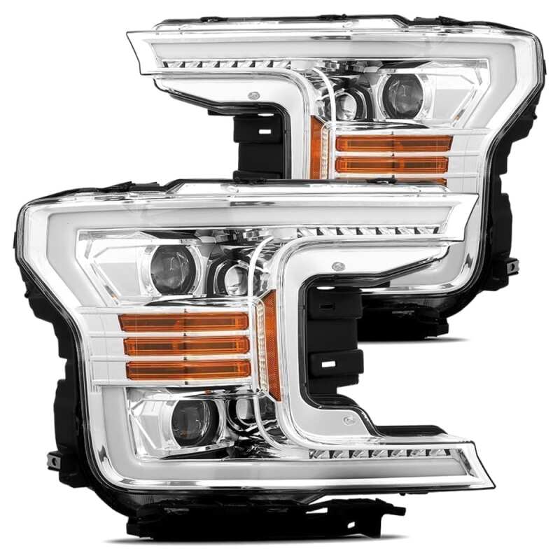 AlphaRex LUXX LED projector headlights for 2018-2020 Ford F-150, featuring a chrome finish and integrated DRL.