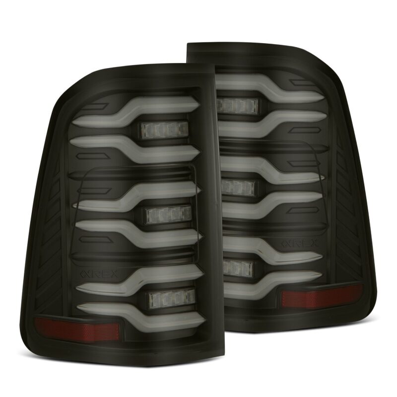 AlphaRex Luxx-Series LED tail lights for 19-21 Dodge Ram 1500 in black with sequential signal and active light features.