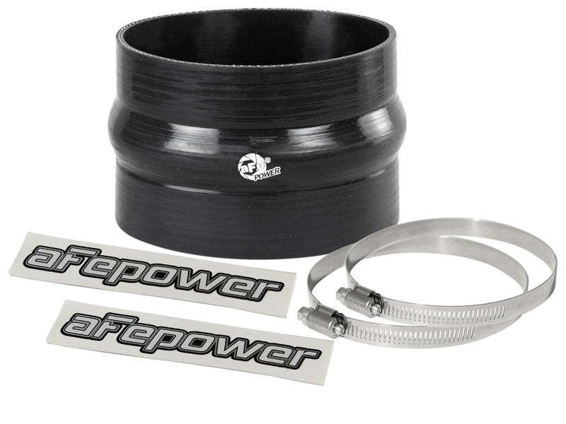 Black afe Magnum FORCE Intake Coupling Kit featuring a straight coupler, two clamps, and branded stickers for enhanced performance.