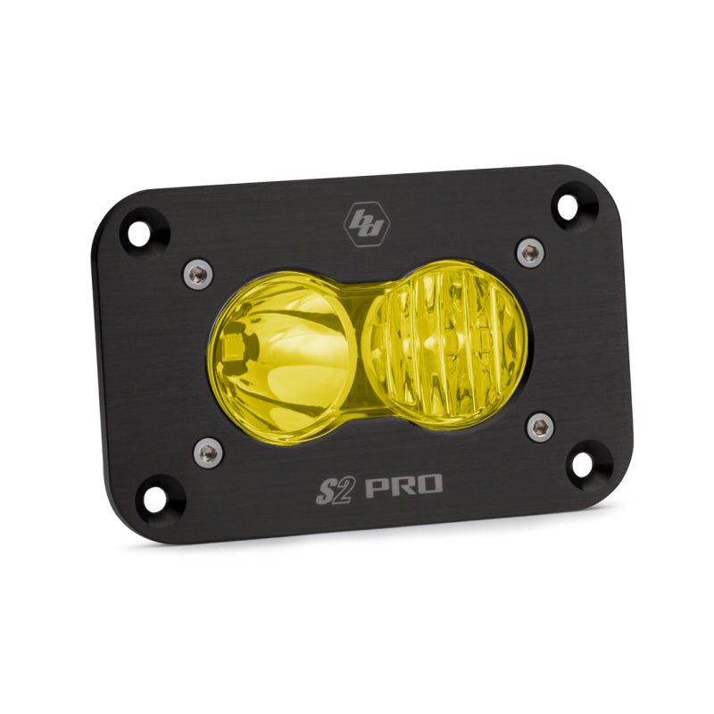Baja Designs S2 Pro LED driving light with amber lens, designed for flush mounting on vehicles for enhanced visibility.