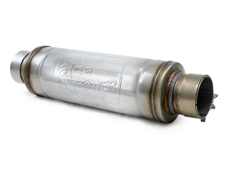 aFe MACH Force-XP muffler with 3-inch inlet, 5-inch diameter, and 19-inch length for improved exhaust flow and performance.