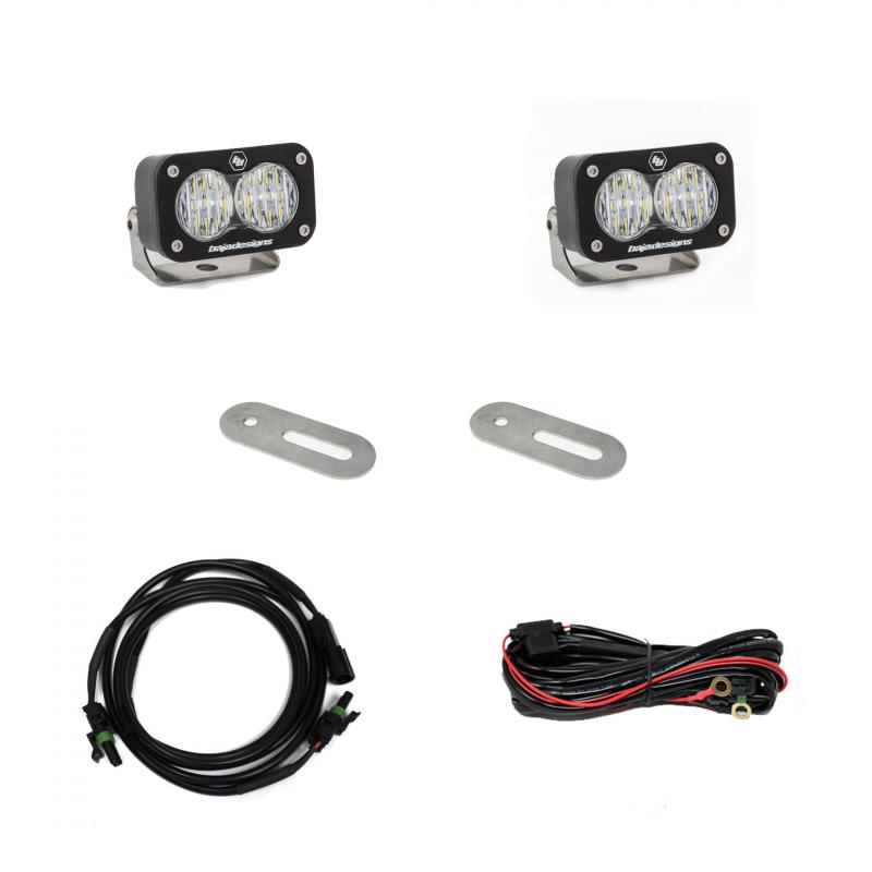 Baja Designs S2 Sport Dual Reverse Kit for 2017+ Ford Super Duty includes two lights, mounting brackets, and wiring harness.