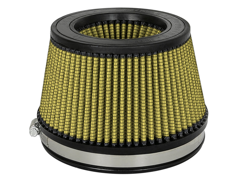 afe Magnum FORCE Intake Replacement Air Filter with inverted design, featuring a yellow mesh and black rubber base for optimal airflow.