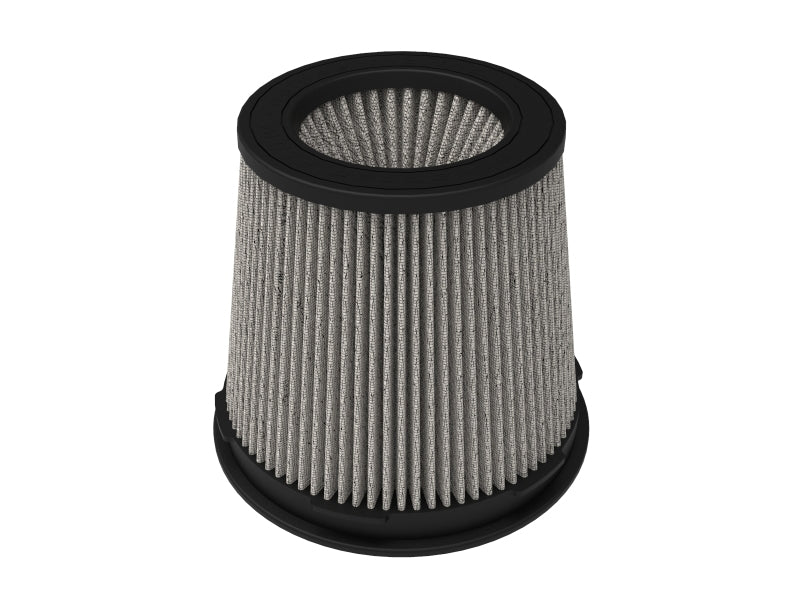 aFe Momentum Pro DRY S replacement air filter with a cylindrical design, featuring a gray filter media and black rubber base.