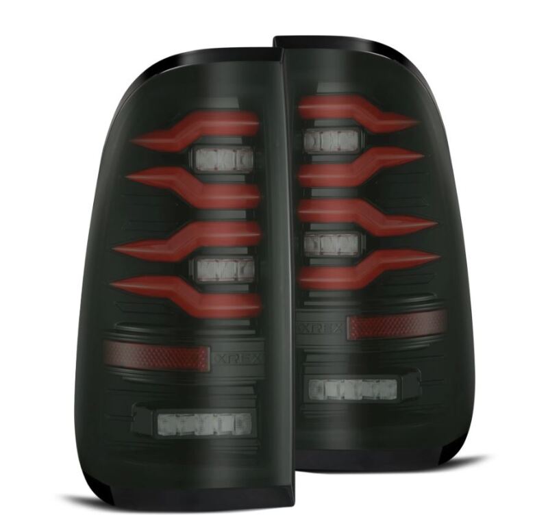 AlphaRex LUXX-Series LED tail lights for 97-03 Ford F150 and 99-16 Ford Super Duty in black and red design.