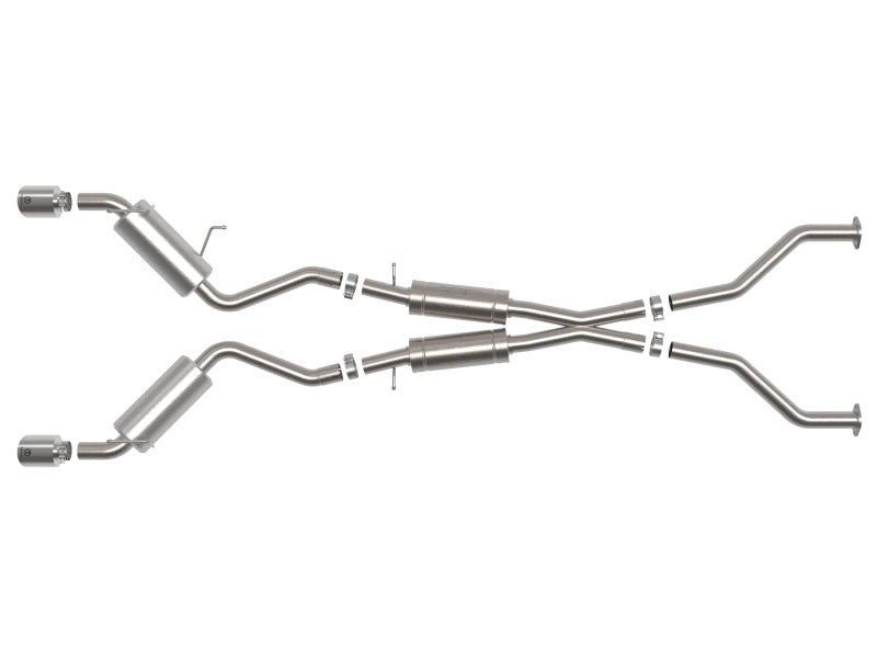 Afe Takeda Cat-Back Exhaust System for Nissan 370Z, featuring dual stainless steel pipes and mufflers designed for V6-3.7L models.