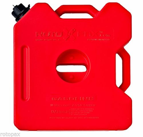 Red 3-gallon Rotopax fuel container designed for safe and convenient fuel storage and transport. Ideal for offroad adventures.