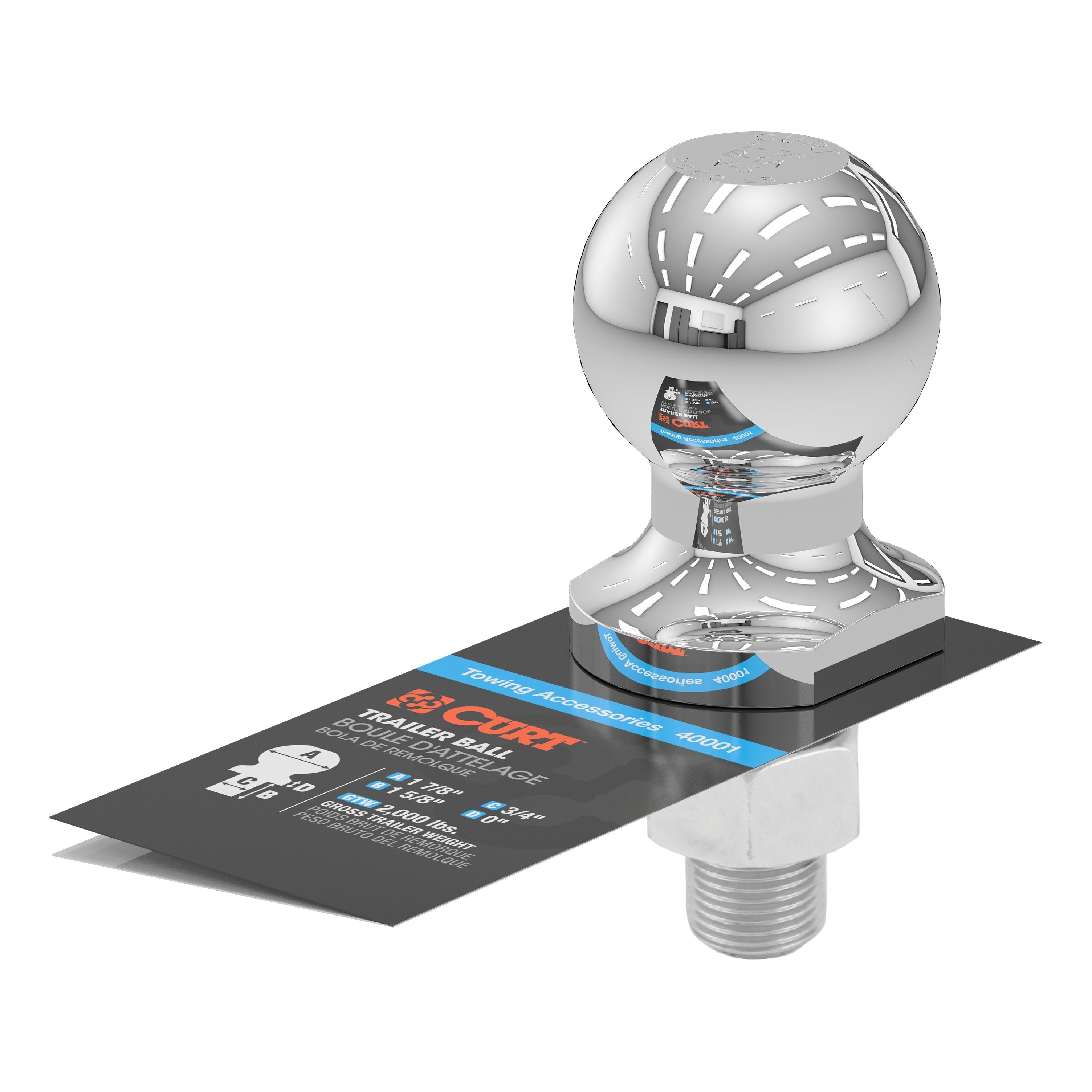 CURT Chrome Trailer Hitch Ball, 2,000 lbs, 1-7/8-Inch Diameter, 3/4 x 1-5/8-Inch Shank Model 40001