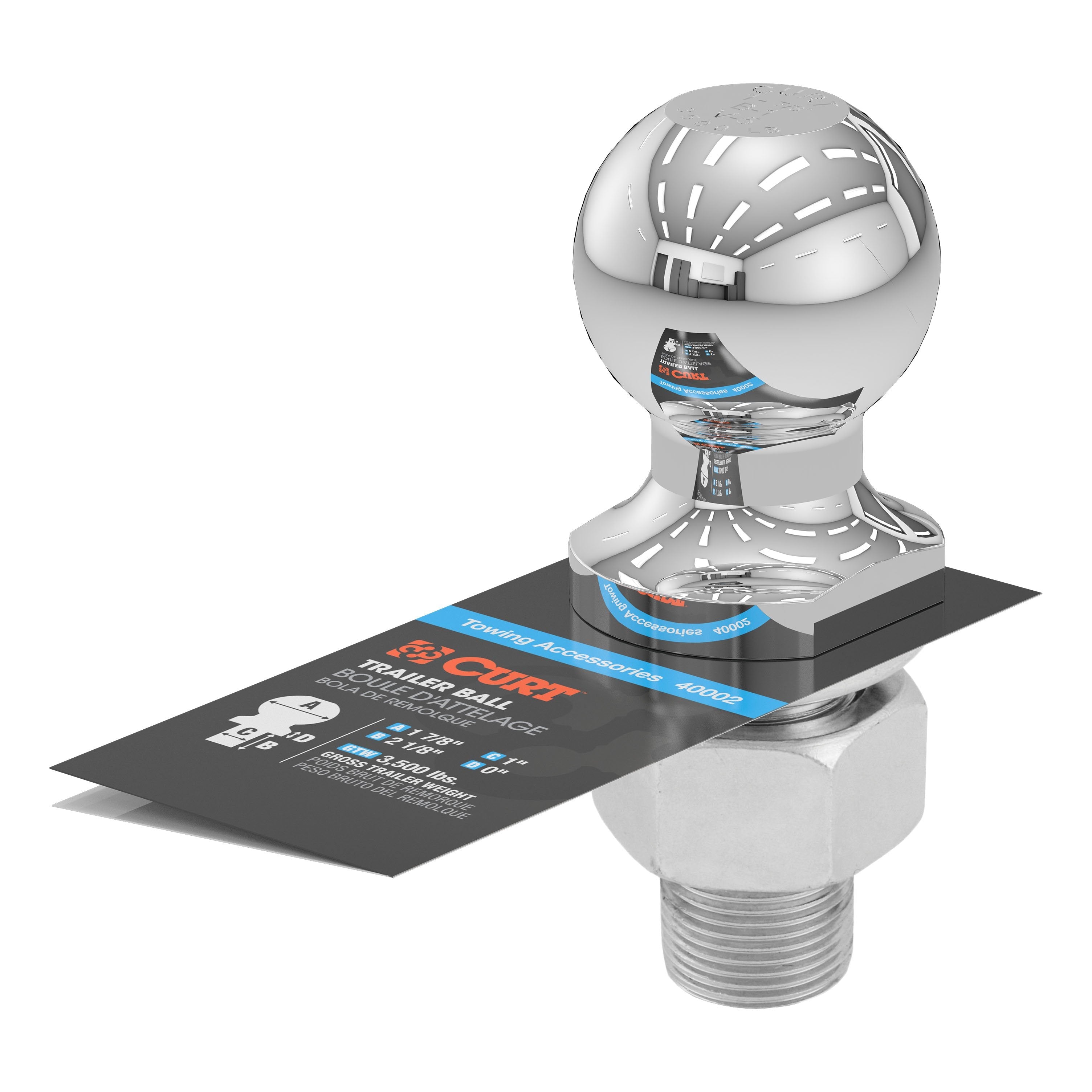 CURT Chrome Trailer Hitch Ball, 3,500 lbs, 1-7/8-Inch Diameter, 1 x 2-1/8-Inch Shank Model 40002