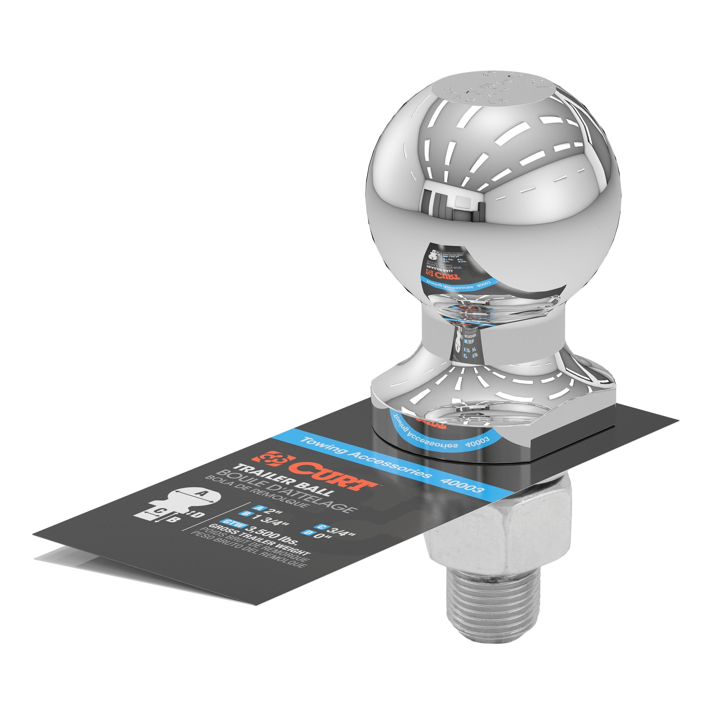 CURT Chrome Trailer Hitch Ball, 3,500 lbs, 2-Inch Diameter, 3/4 x 1-3/4-Inch Shank Model 40003