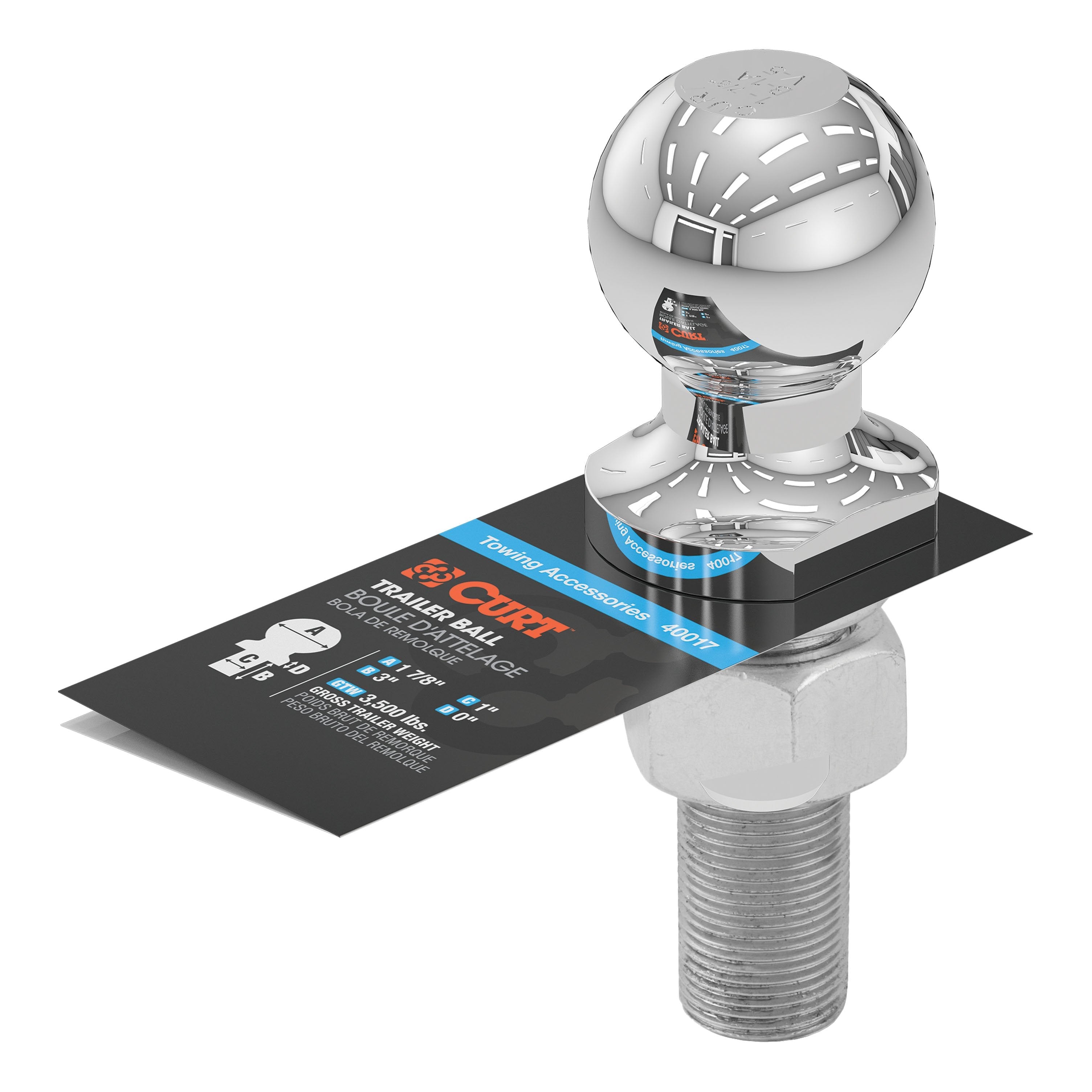CURT Chrome Trailer Hitch Ball, 3,500 lbs, 1-7/8-Inch Diameter, 1 x 3-Inch Shank Model 40017