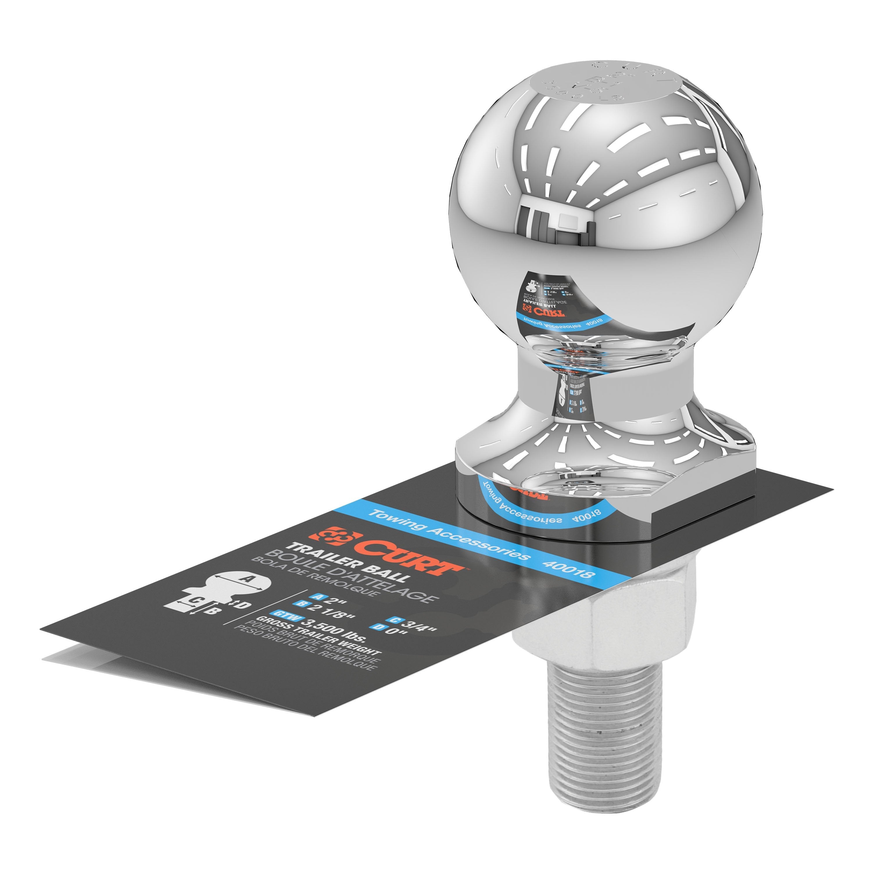 CURT Chrome Trailer Hitch Ball, 3,500 lbs, 2-Inch Diameter, 3/4 x 2-1/8-Inch Shank Model 40018