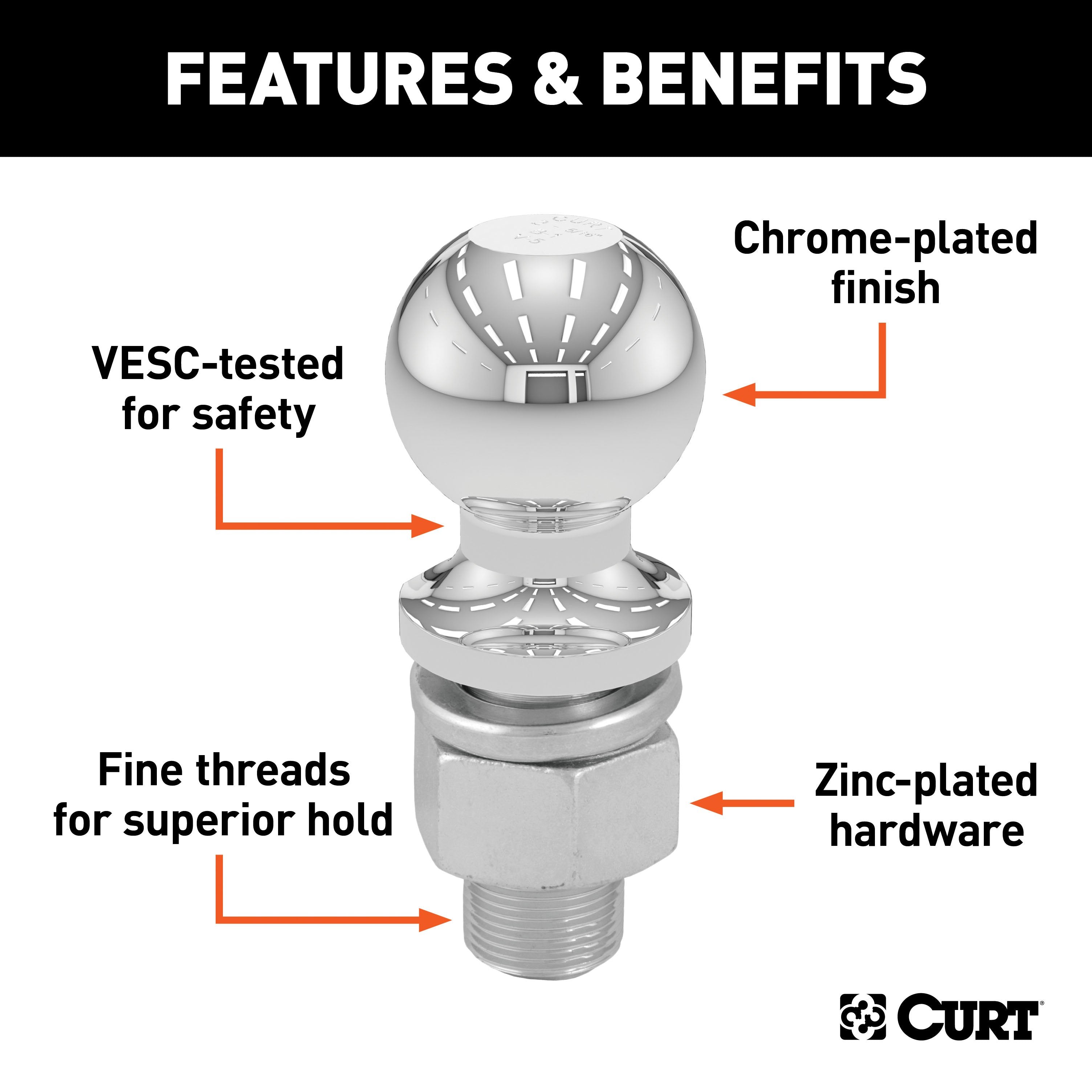 CURT Chrome Trailer Hitch Ball, 6,000 lbs, 2-5/16-Inch Diameter, 1-1/4 x 3-Inch Shank Model 40022