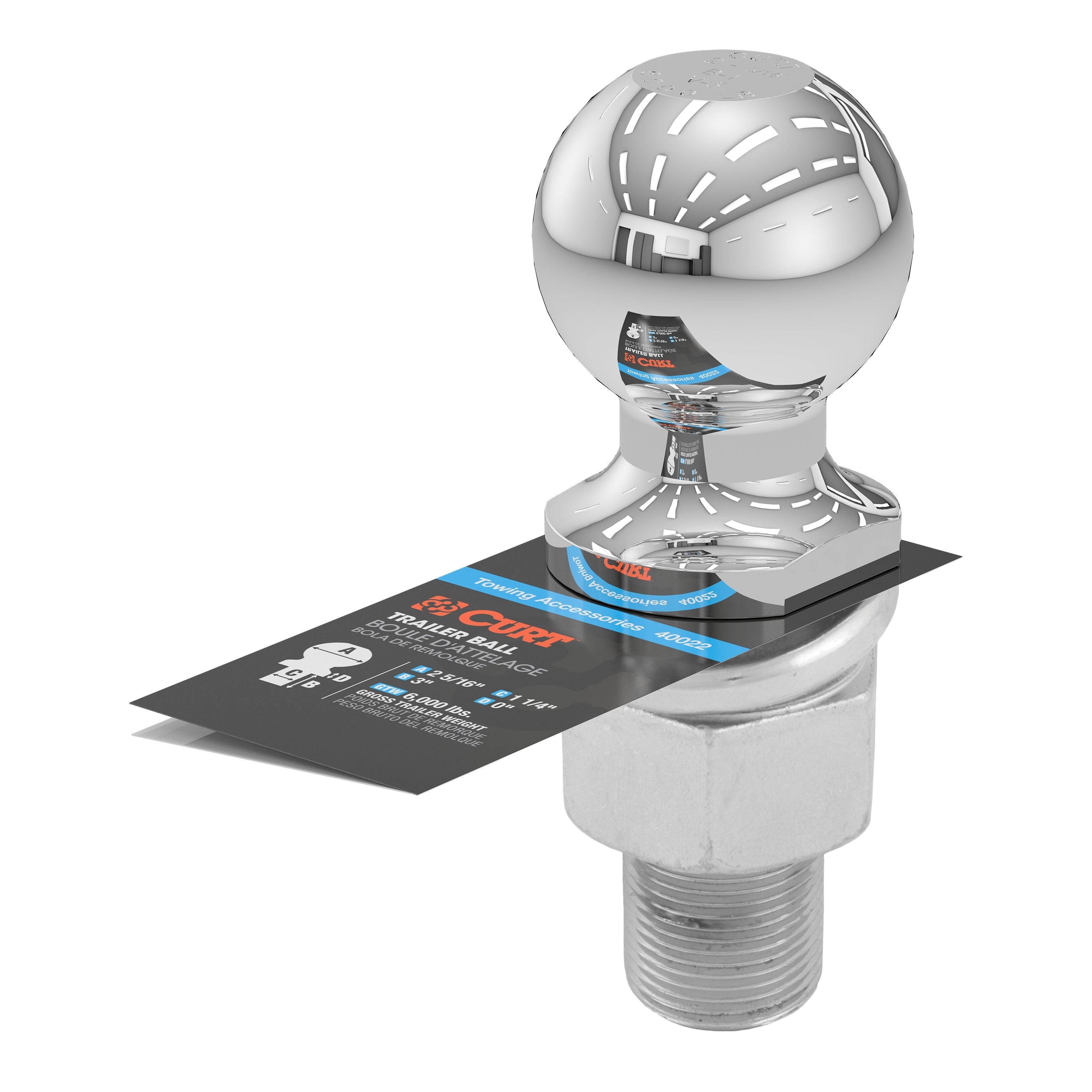 CURT Chrome Trailer Hitch Ball, 6,000 lbs, 2-5/16-Inch Diameter, 1-1/4 x 3-Inch Shank Model 40022