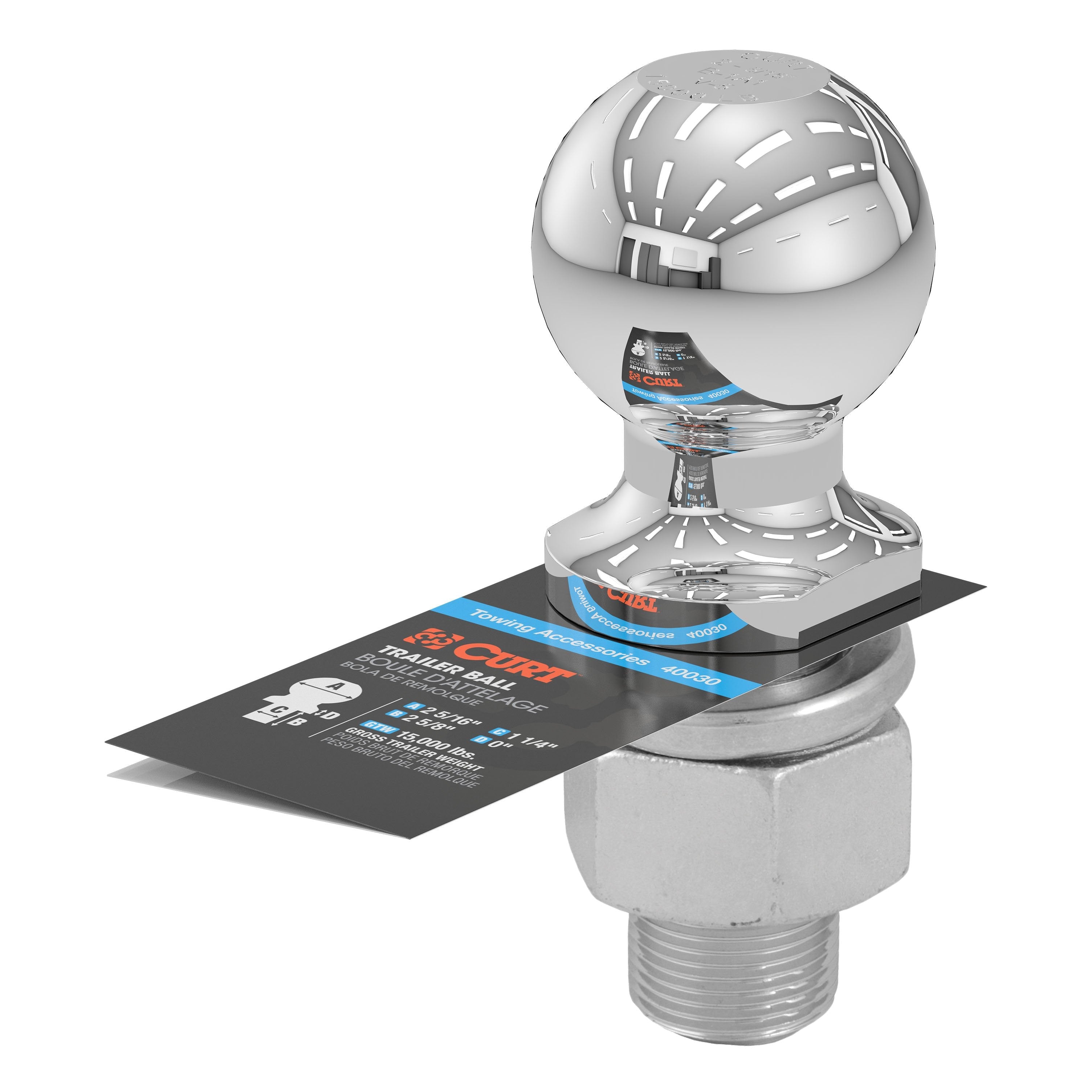 CURT Chrome Trailer Hitch Ball, 15,000 lbs, 2-5/16-Inch Diameter, 1-1/4 x 2-5/8-Inch Shank Model 40030