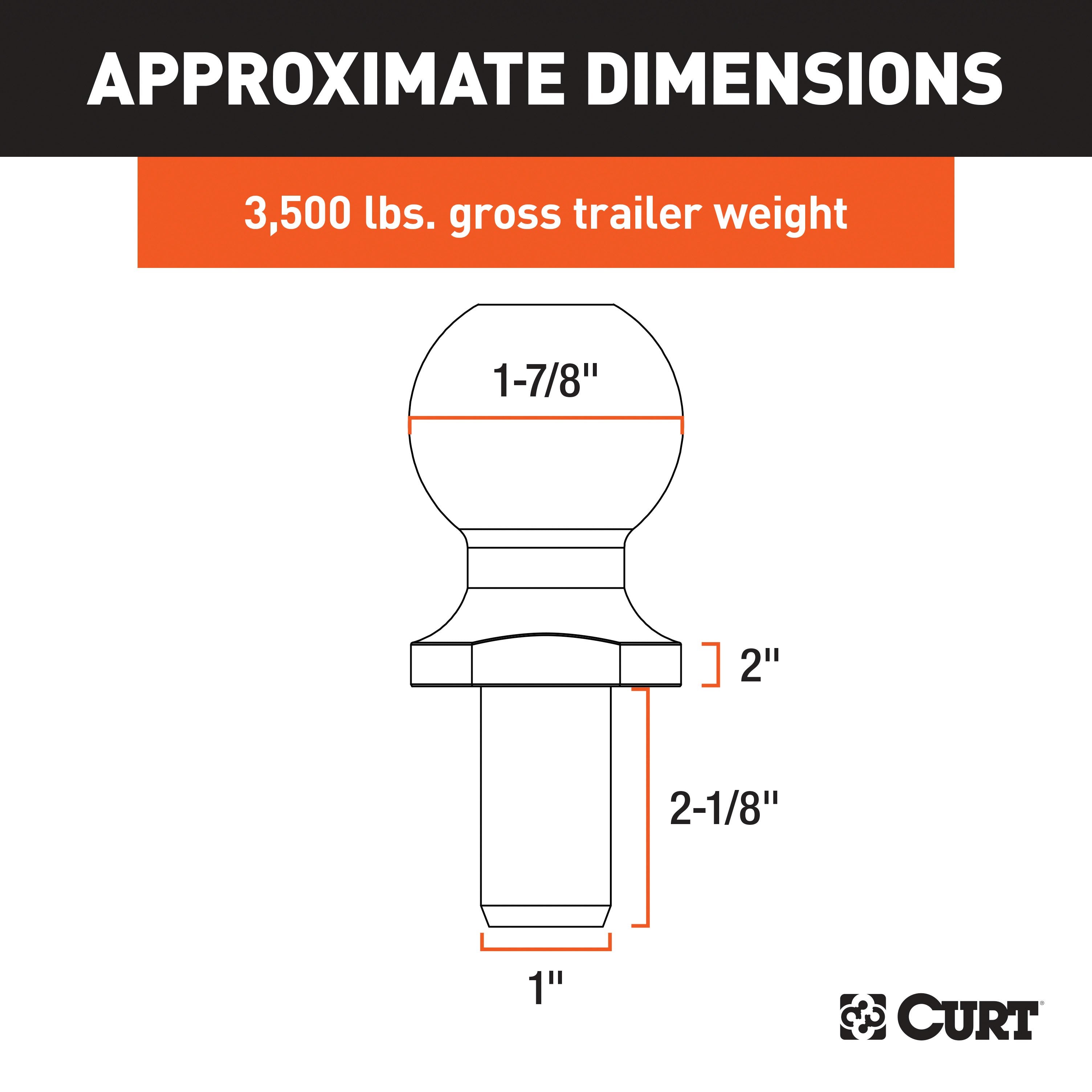 CURT Chrome Trailer Hitch Ball, 3,500 lbs, 2-Inch Rise, 1-7/8-Inch Diameter, 1 x 2-1/8-Inch Shank Model 40032