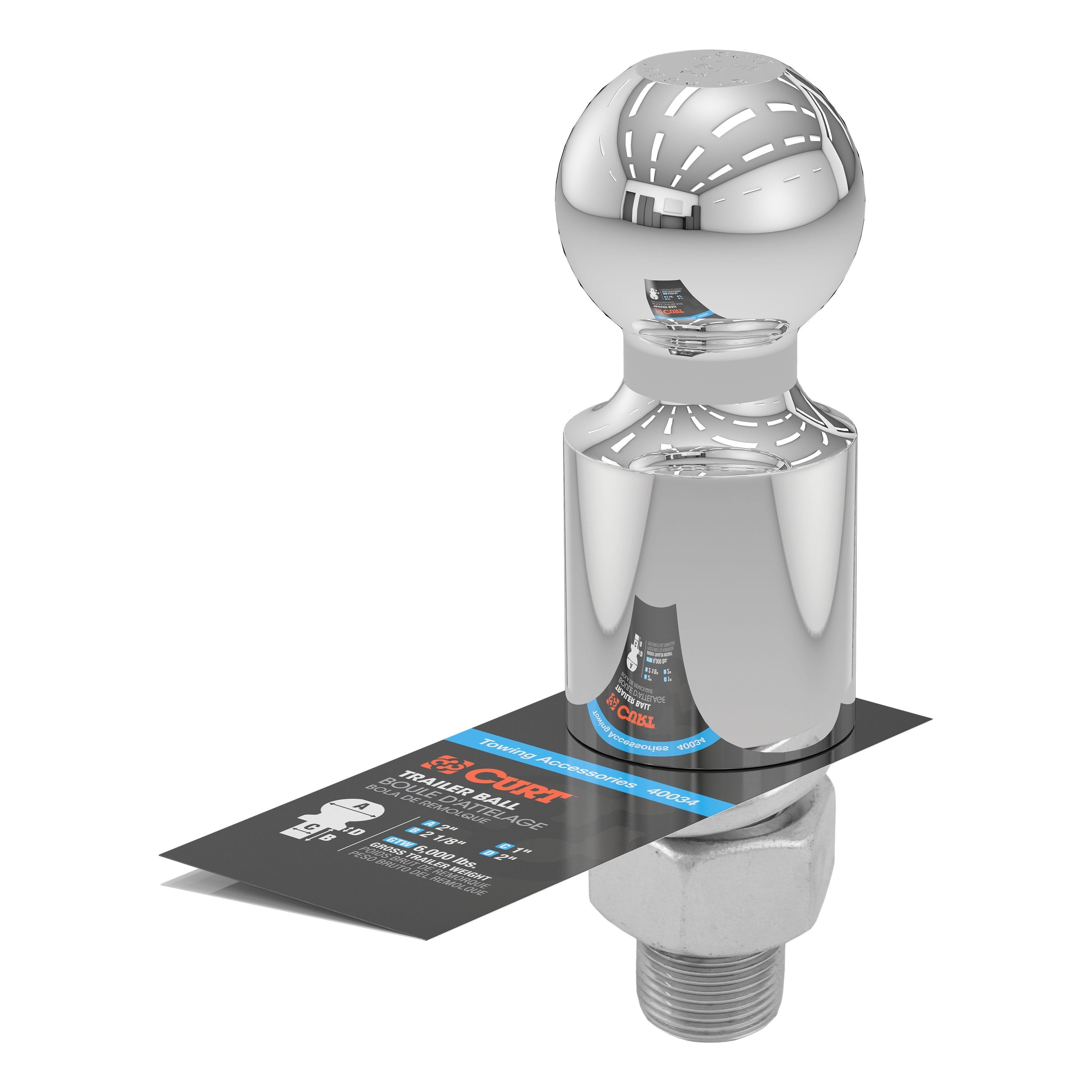 CURT Chrome Trailer Hitch Ball, 6,000 lbs, 2-Inch Rise, 2-Inch Diameter, 1 x 2-1/8-Inch Shank Model 40034