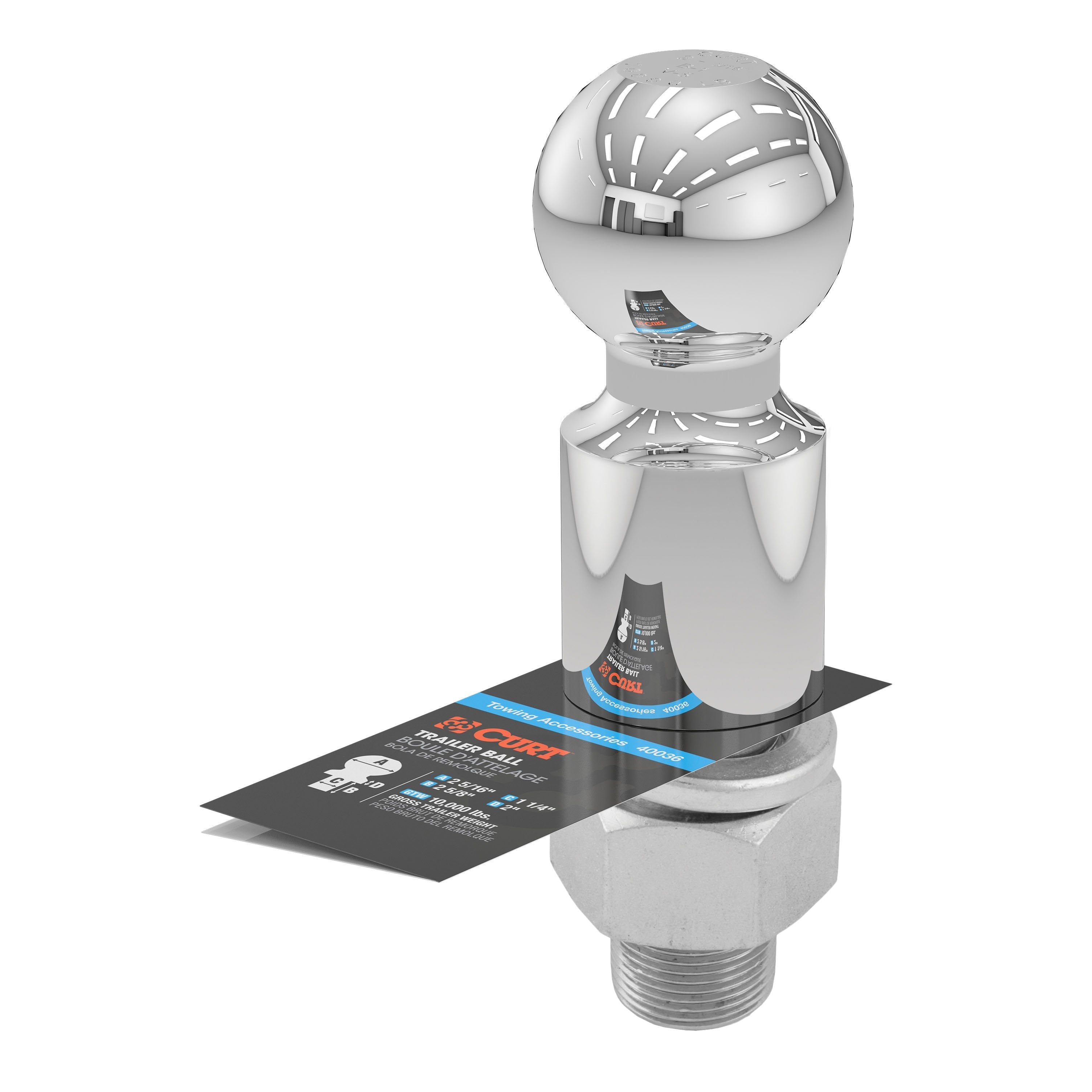 CURT Chrome Trailer Hitch Ball, 10,000 lbs, 2-Inch Rise, 2-5/16-Inch Diameter, 1-1/4 x 2-5/8-Inch Shank Model 40036