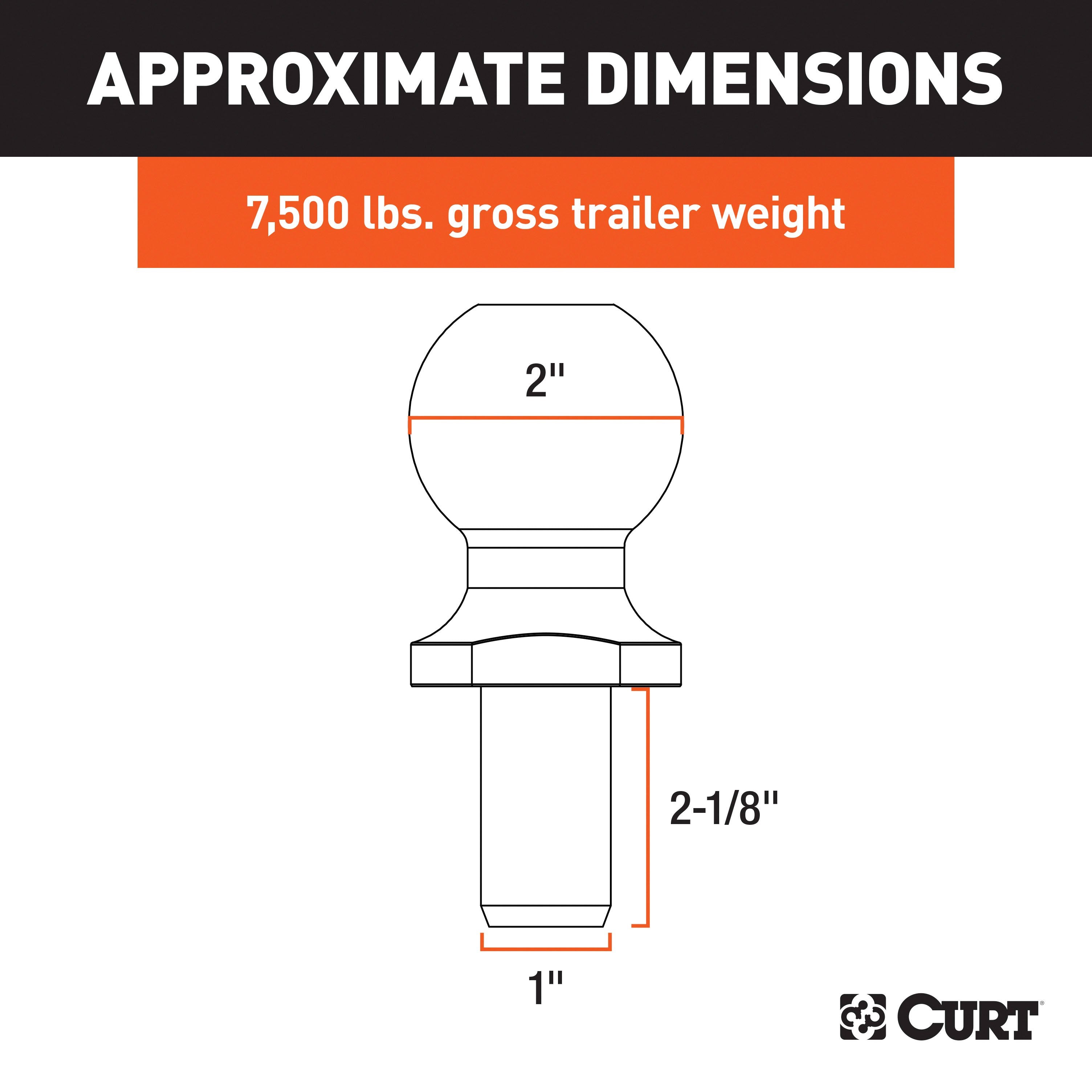 CURT Chrome Trailer Hitch Ball, 7,500 lbs, 2-Inch Diameter, 1 x 2-1/8-Inch Shank Model 40037
