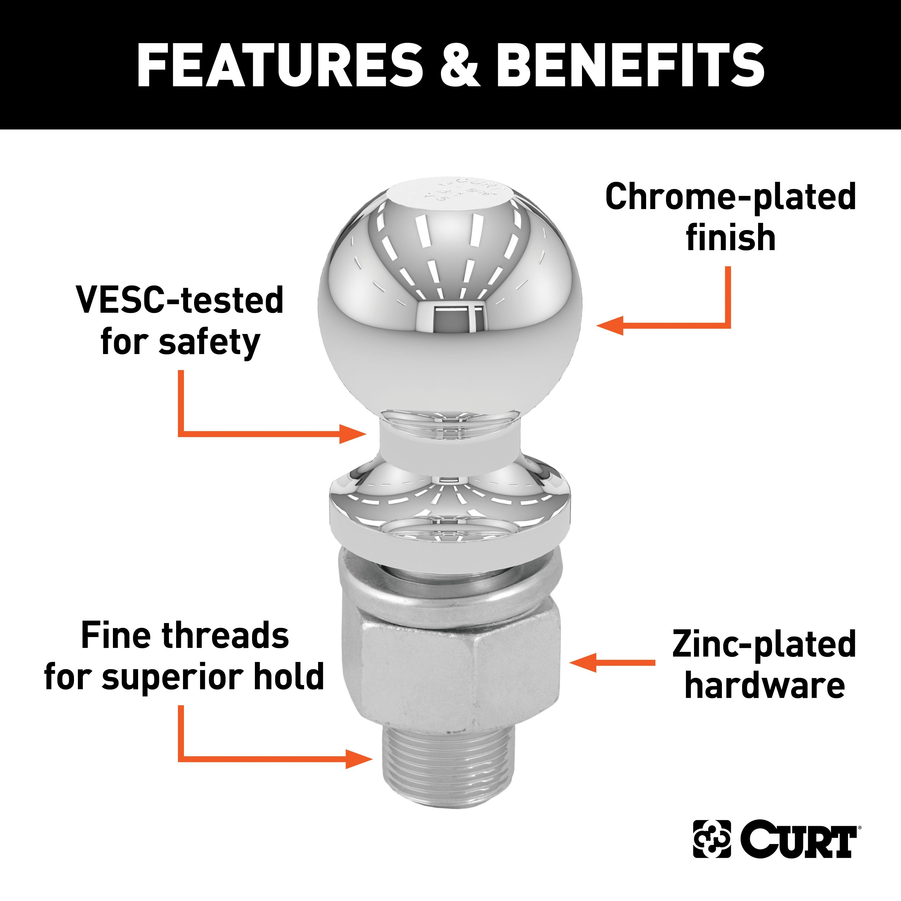 CURT Chrome Trailer Hitch Ball, 7,500 lbs, 2-Inch Diameter, 1 x 2-1/8-Inch Shank Model 40037