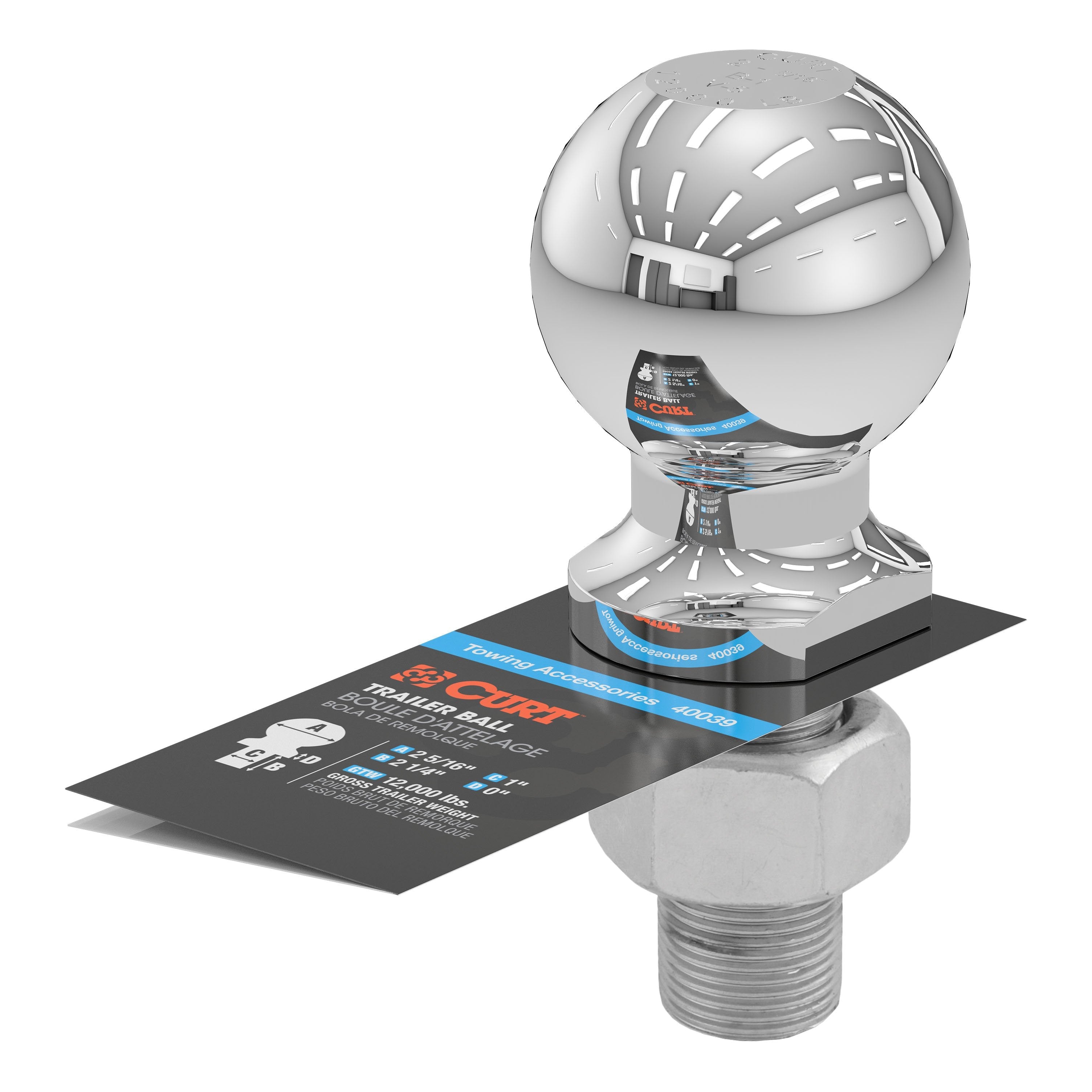 CURT Chrome Trailer Hitch Ball, 12,000 lbs, 2-5/16-Inch Diameter, 1 x 2-1/4-Inch Shank Model 40039