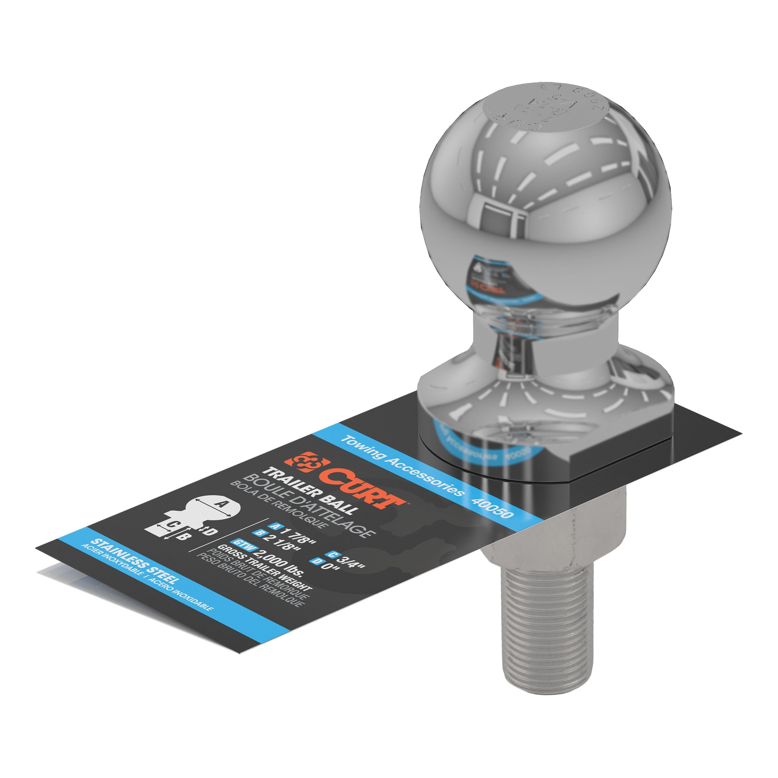 CURT Stainless Steel Trailer Hitch Ball, 2,000 lbs, 1-7/8-Inch Diameter, 3/4 x 2-1/8-Inch Shank Model 40050