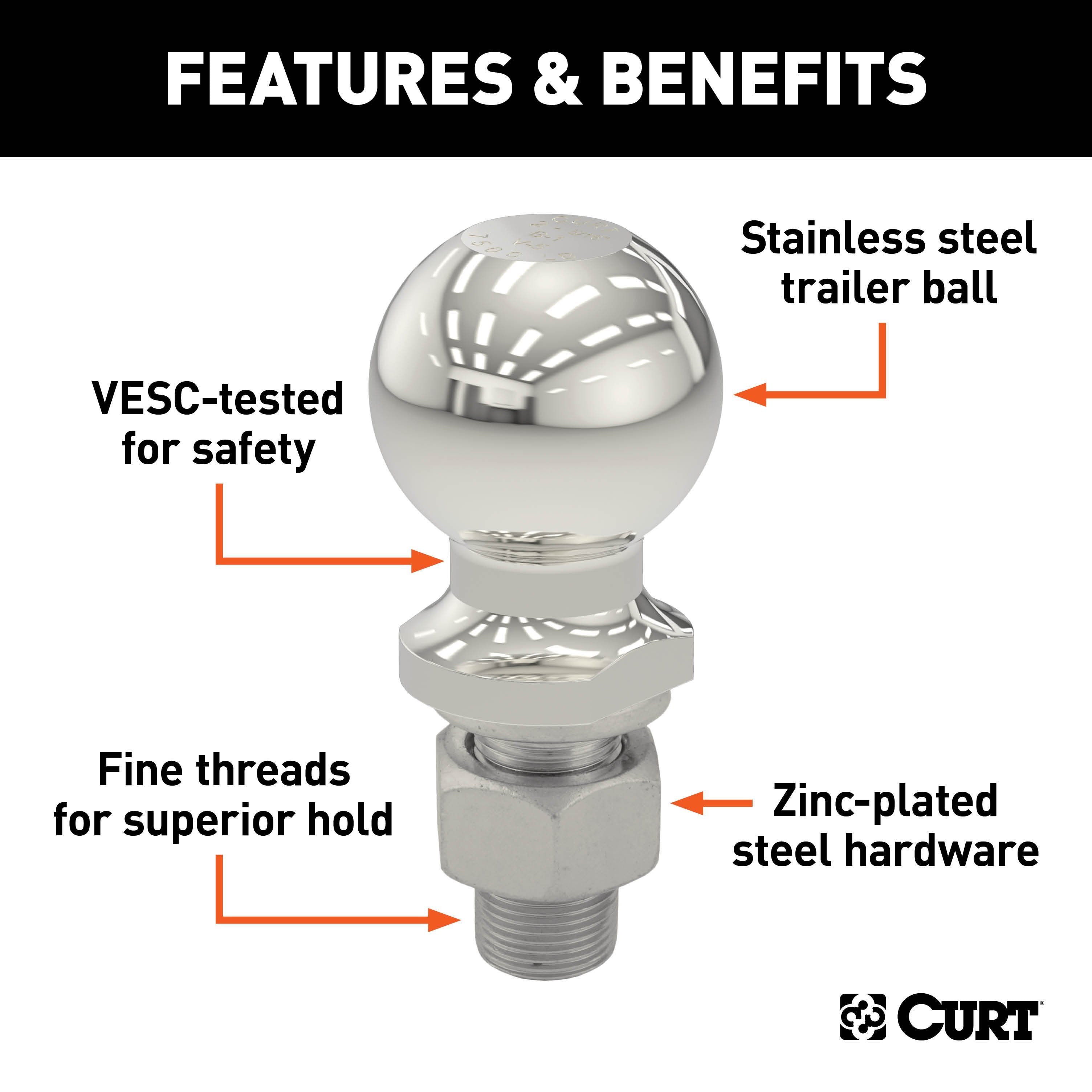 CURT Stainless Steel Trailer Hitch Ball, 15,000 lbs, 2-5/16-Inch Diameter, 1-1/4 x 2-5/8-Inch Shank Model 40055