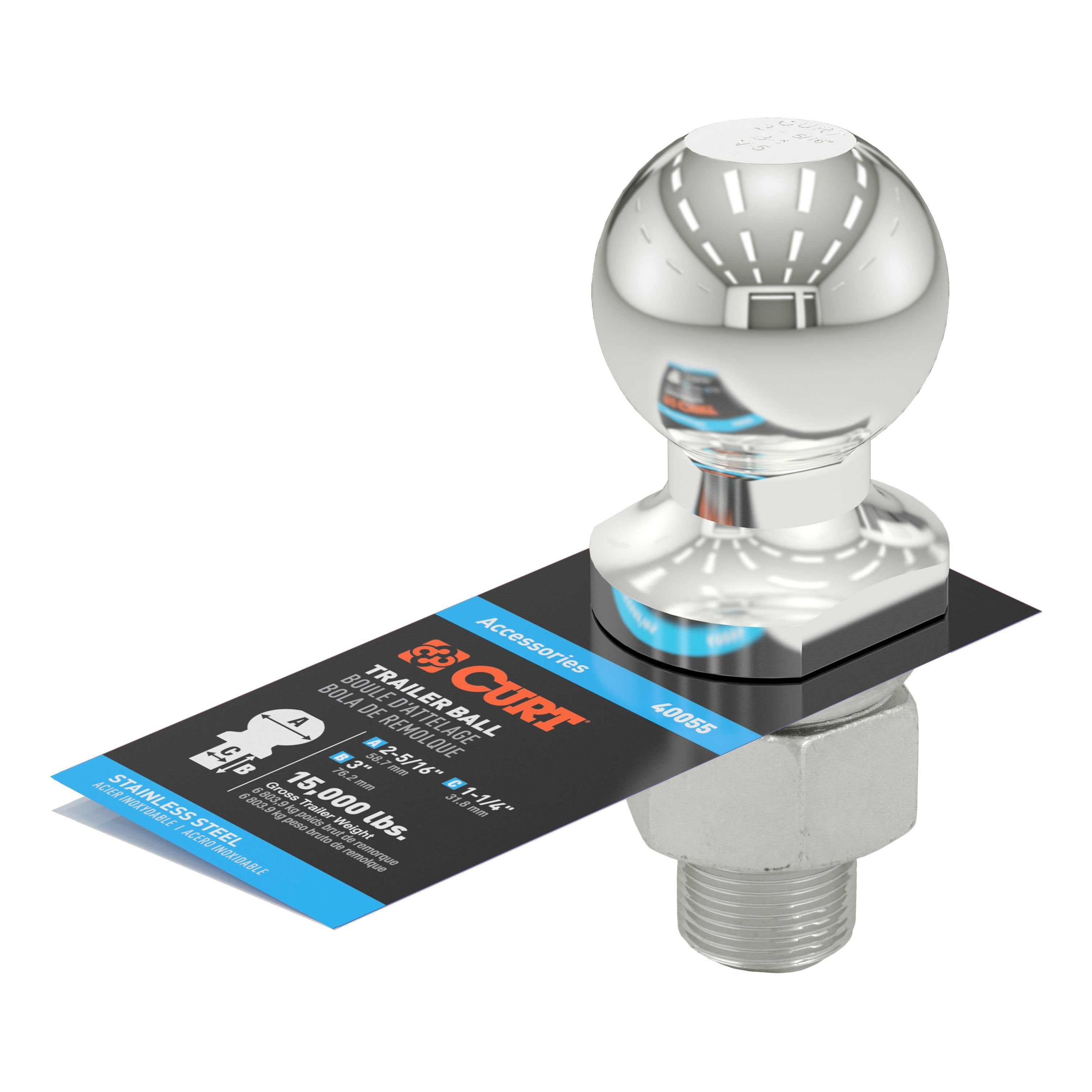 CURT Stainless Steel Trailer Hitch Ball, 15,000 lbs, 2-5/16-Inch Diameter, 1-1/4 x 2-5/8-Inch Shank Model 40055