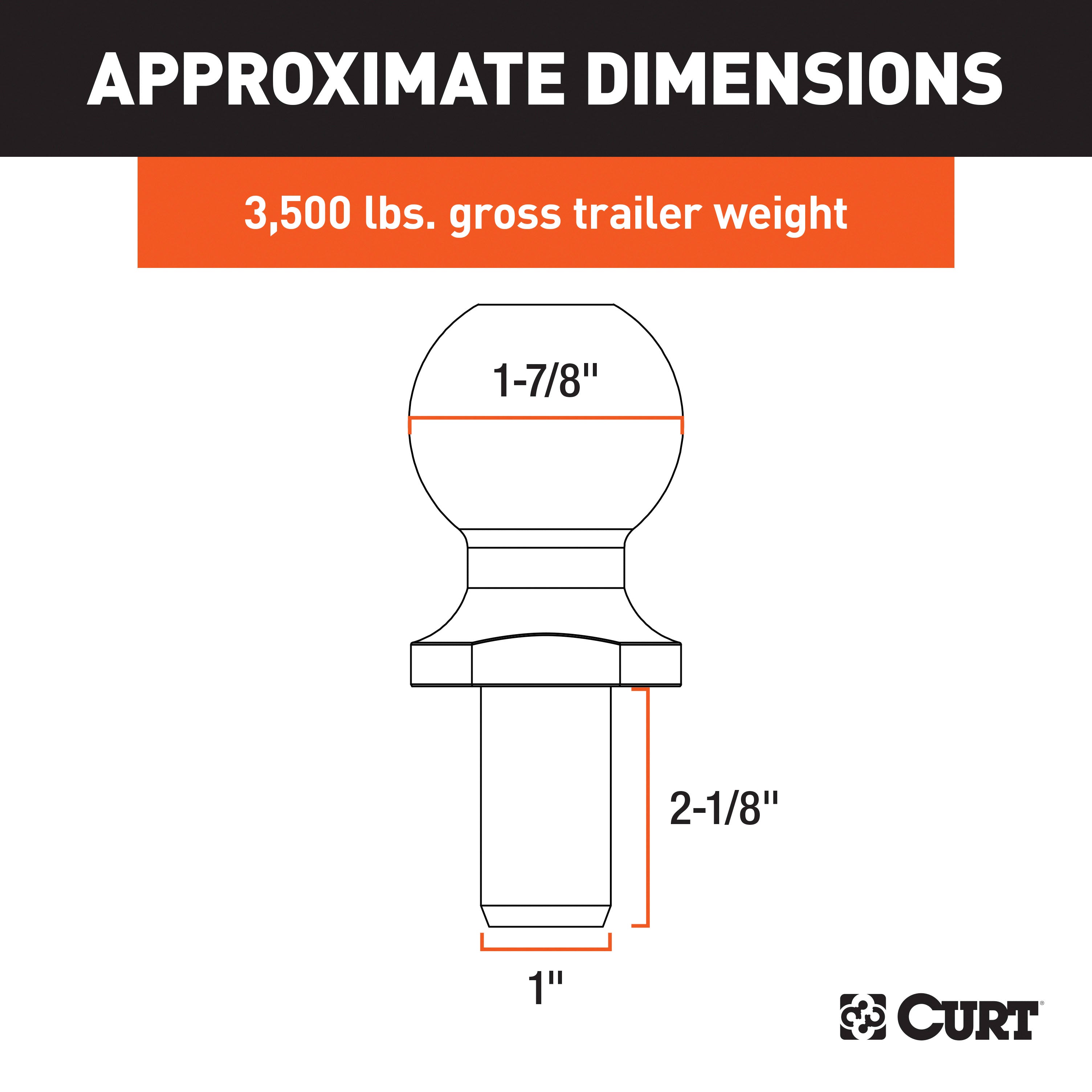 CURT Chrome Trailer Hitch Ball, 3,500 lbs, 1-7/8-Inch Diameter, 1 x 2-1/8-Inch Shank Model 40062