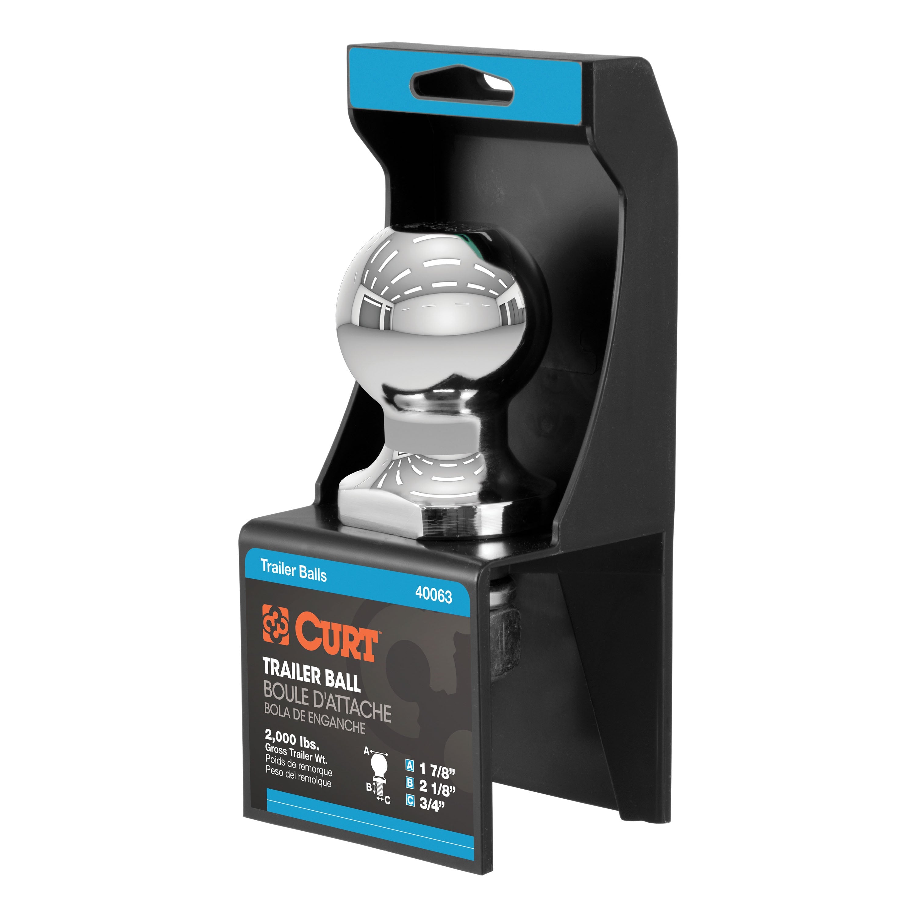 CURT Chrome Trailer Hitch Ball, 2,000 lbs, 1-7/8-Inch Diameter, 3/4 x 2-1/8-Inch Shank Model 40063