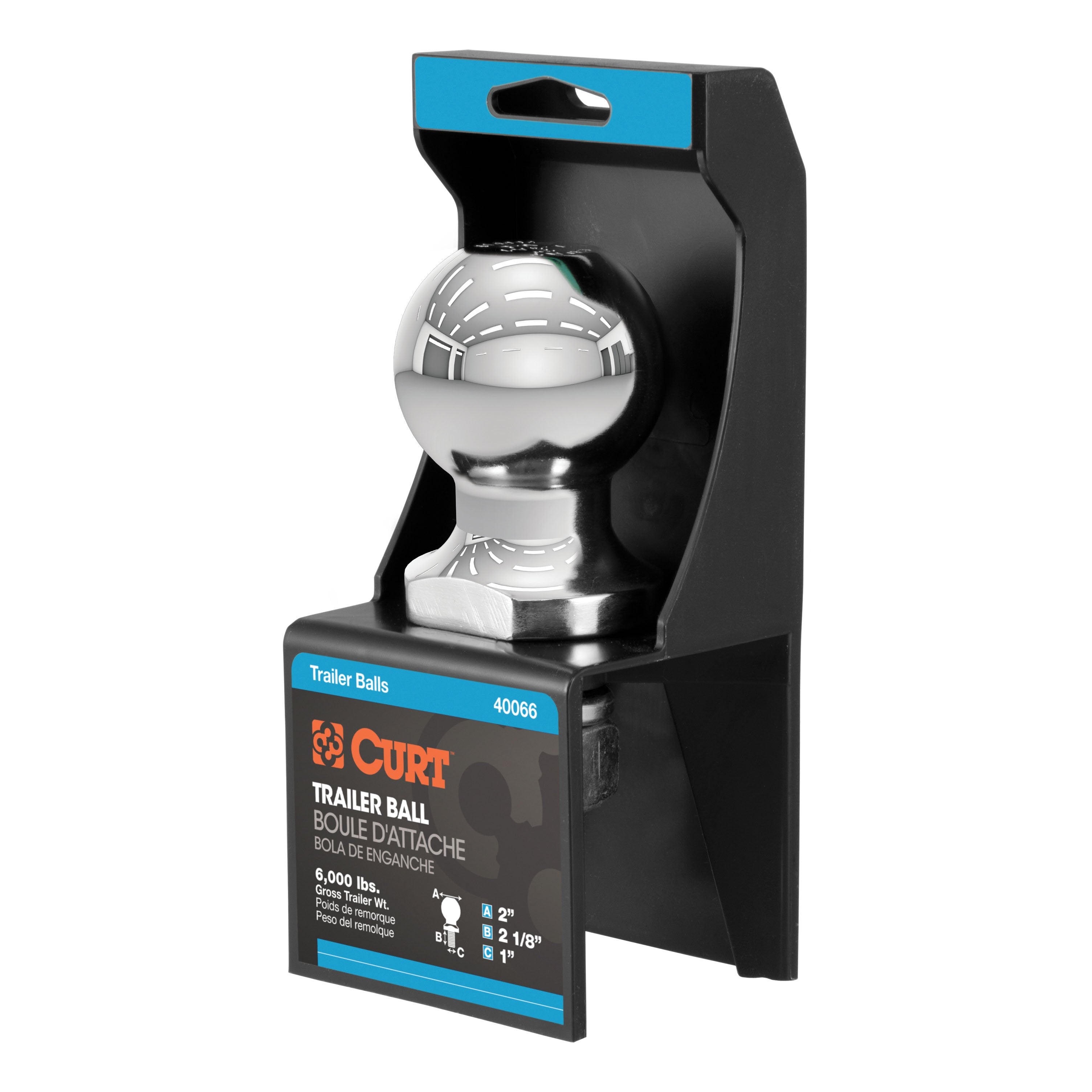 CURT Chrome Trailer Hitch Ball, 6,000 lbs, 2-Inch Diameter, 1 x 2-1/8-Inch Shank Model 40066