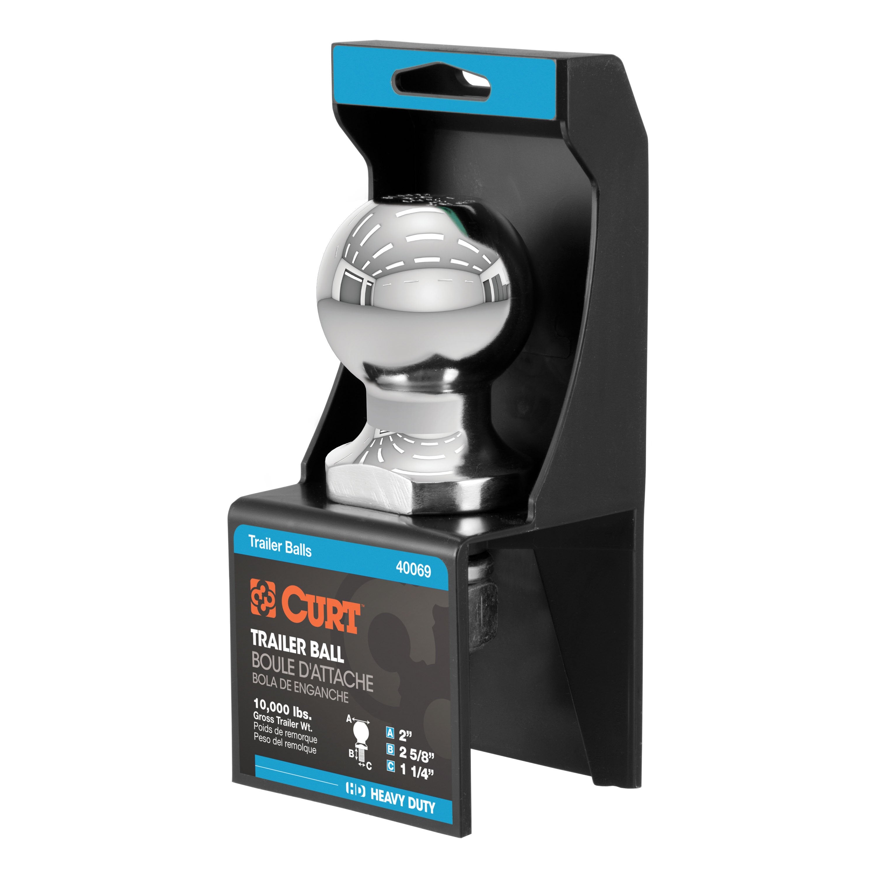 CURT Chrome Trailer Hitch Ball, 10,000 lbs, 2-Inch Diameter, 1-1/4 x 2-5/8-Inch Shank Model 40069