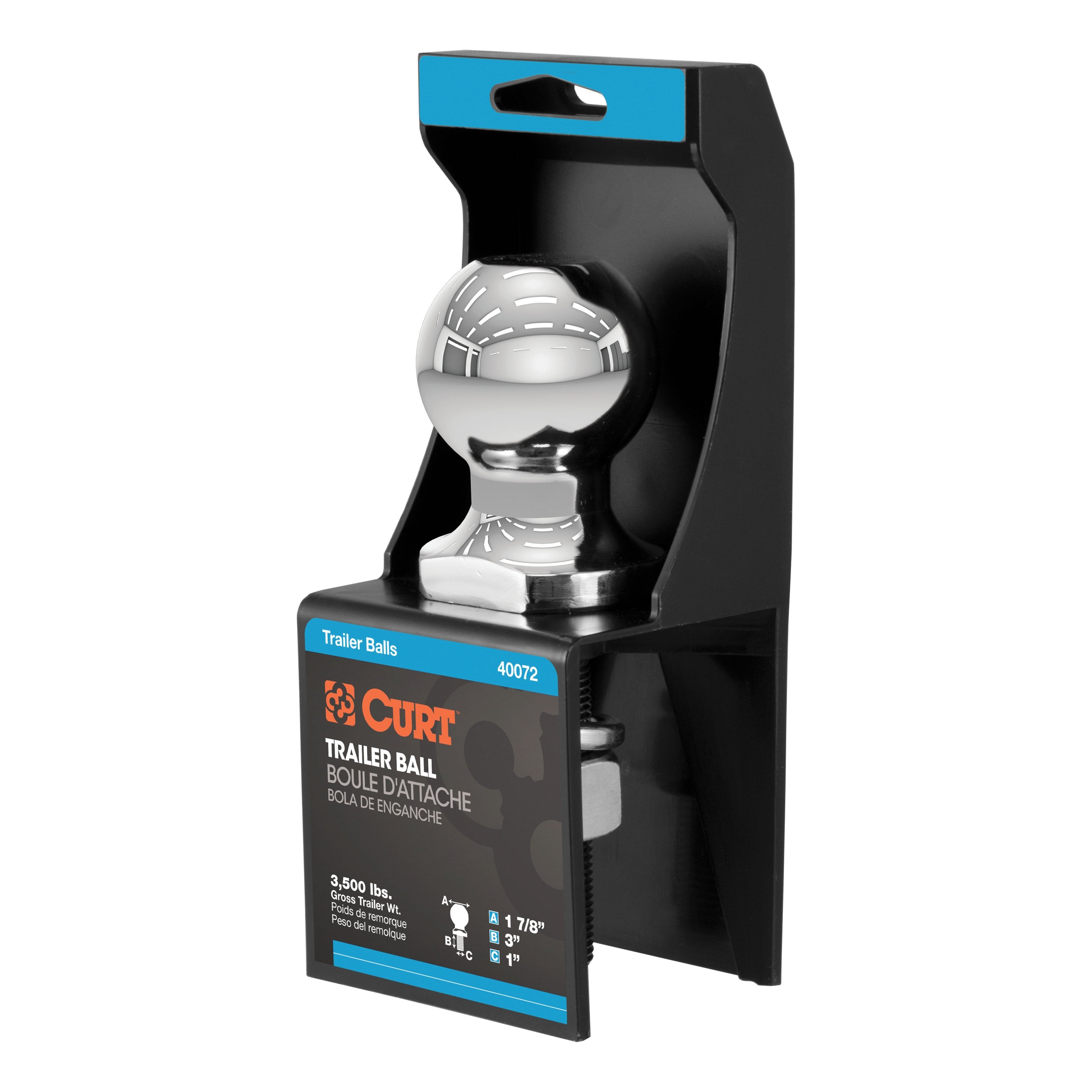 CURT Chrome Trailer Hitch Ball, 3,500 lbs, 1-7/8-Inch Diameter, 1 x 3-Inch Shank Model 40072