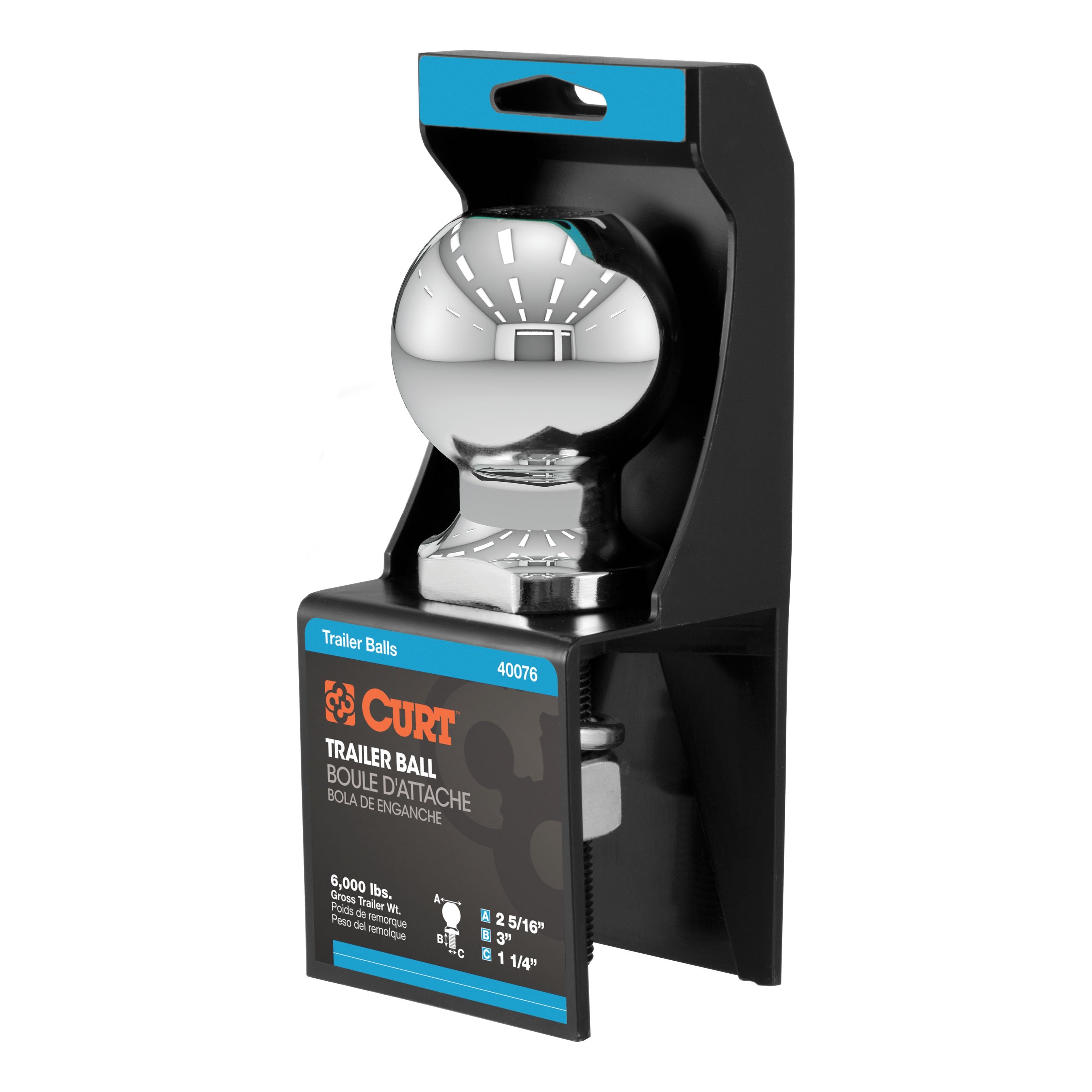 CURT Chrome Trailer Hitch Ball, 6,000 lbs, 2-5/16-Inch Diameter, 1-1/4 x 3-Inch Shank Model 40076