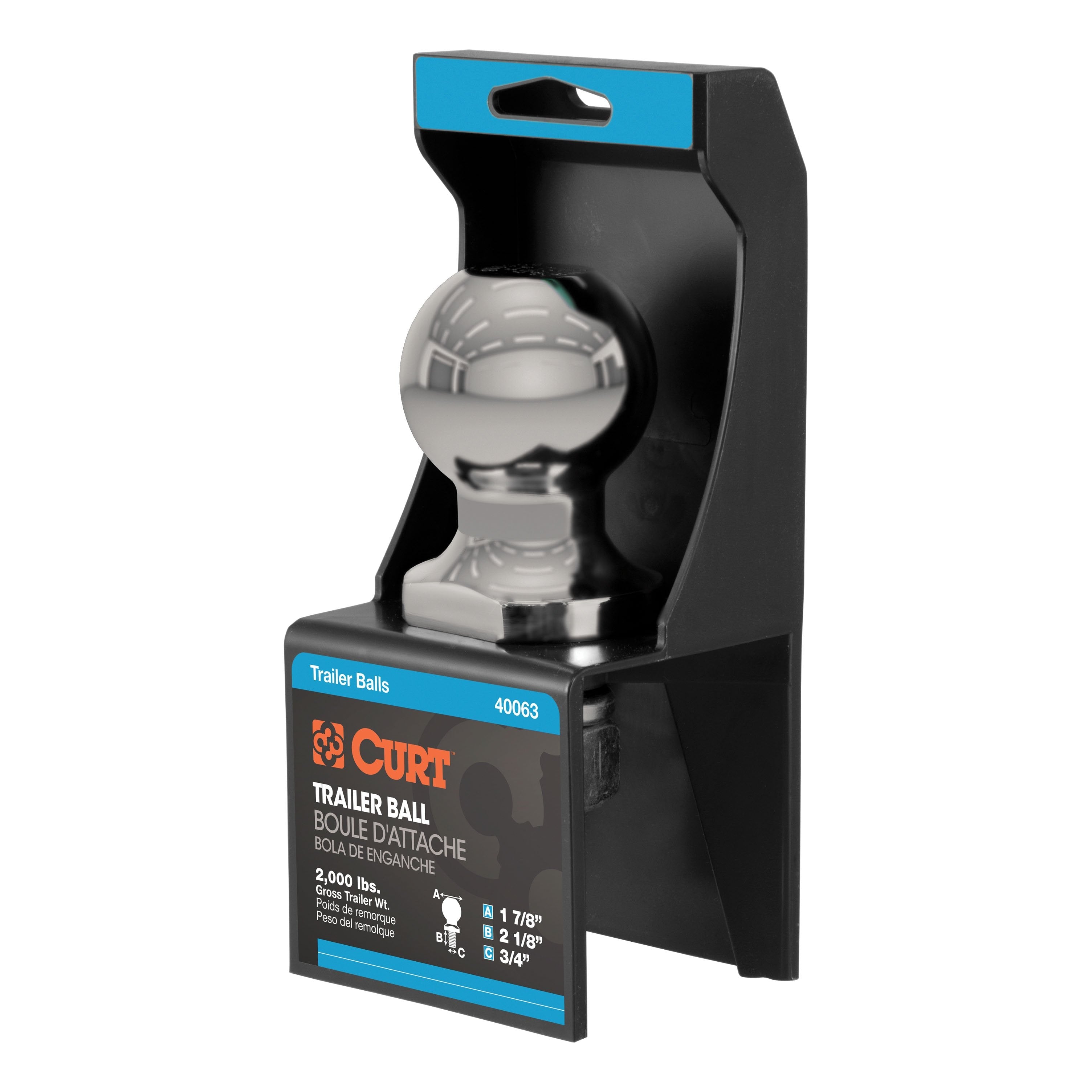 CURT Stainless Steel Trailer Hitch Ball, 2,000 lbs, 1-7/8-Inch Diameter, 3/4 x 2-1/8-Inch Shank Model 40080